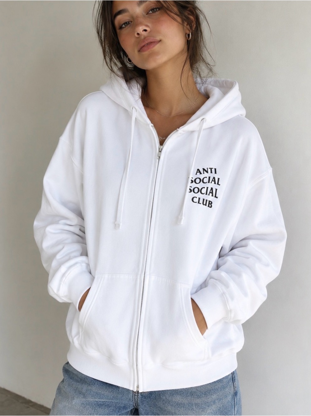 Anti Social Social Club Zip-Up Hoodie w/ Blossoms Logo in White Size XL